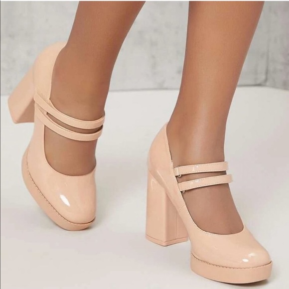 Nude Patent Dual Strap Mary Jane Platform Chunky Pumps - Picture 2 of 9